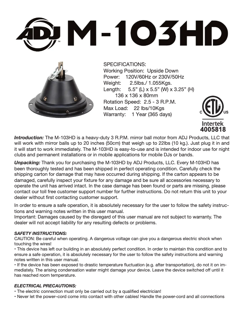 Page n°1 - Manuel utilisateur American DJ M-103HD