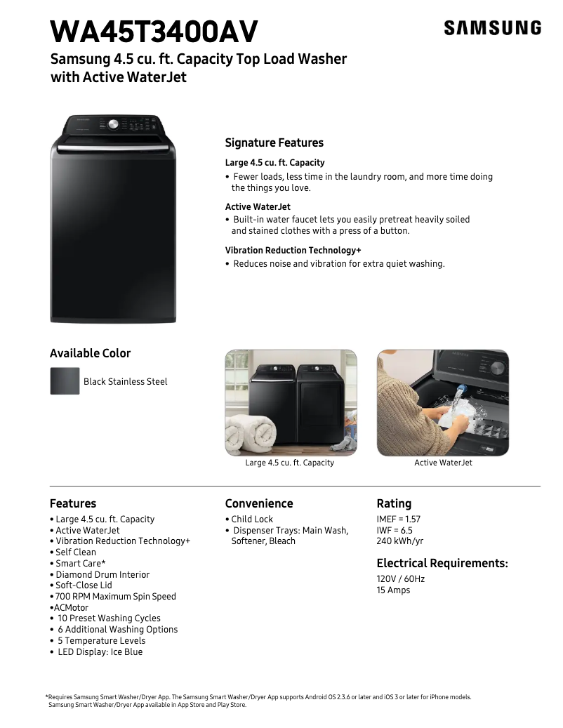 Page 1 de la notice Informations de garantie Samsung WA45T3400AV