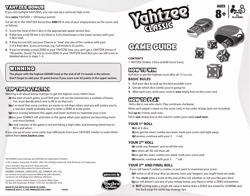 Page 1 de la notice Manuel utilisateur Hasbro Yahtzee Classic
