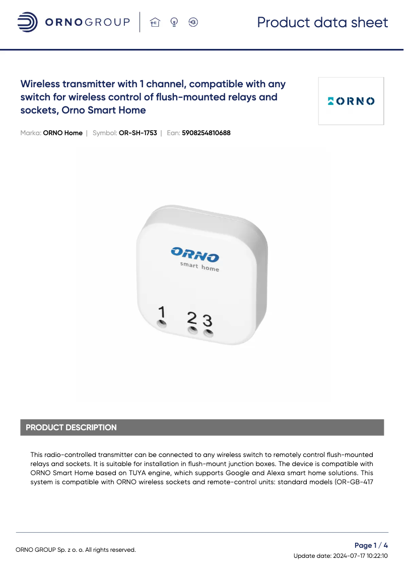 Page 1 de la notice Fiche technique ORNO OR-SH-1753