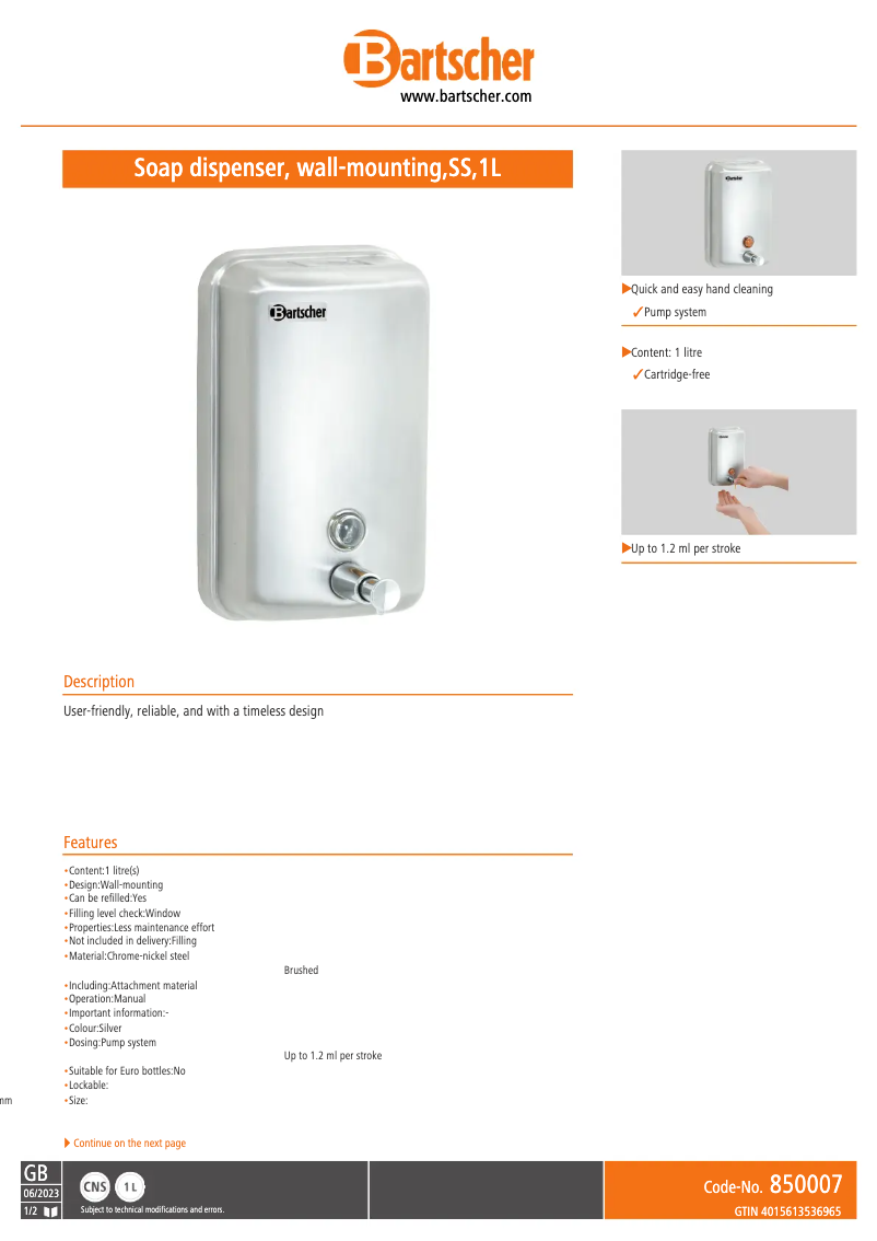 Page n°1 - Fiche technique Bartscher 850007