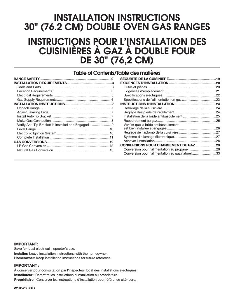 Page n°1 - Guide d'installation Maytag MGT8800FZ