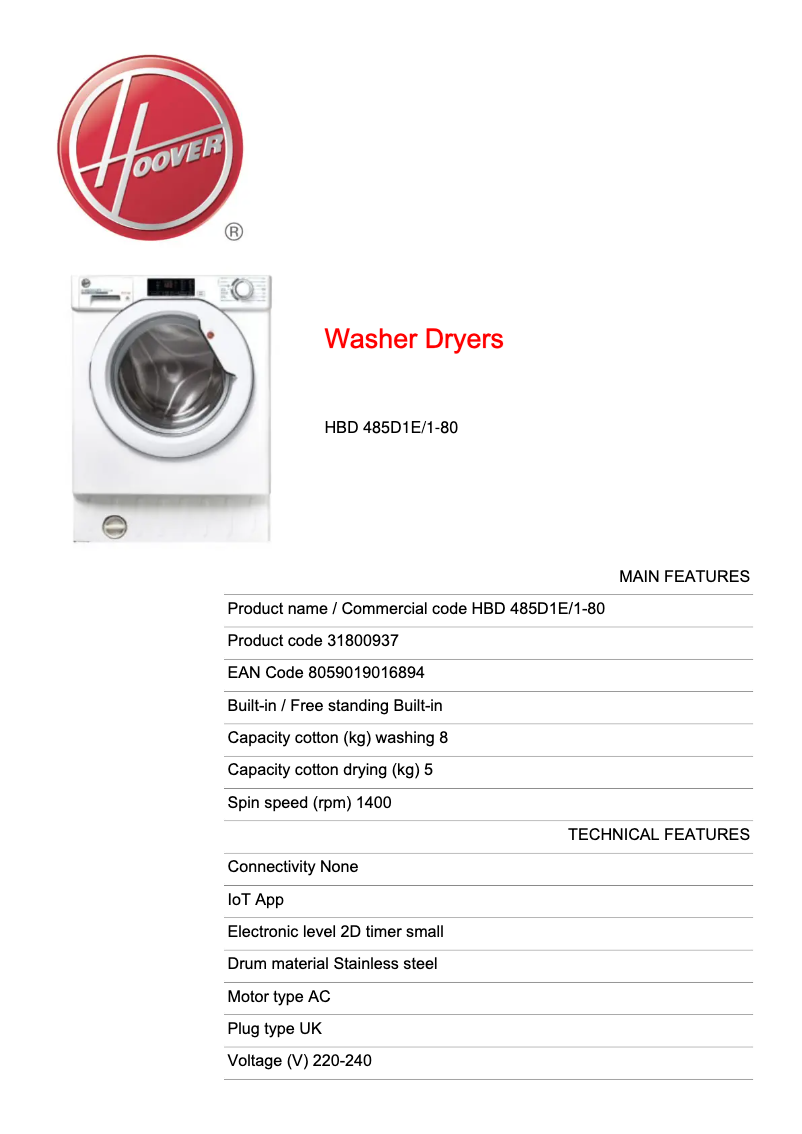 Page n°1 - Fiche technique Hoover H-WASH 300 LITE HBD 485D1E/1-80