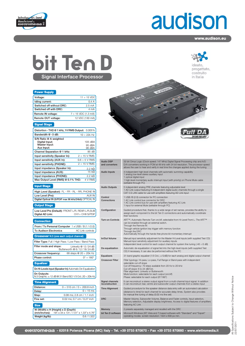 Page n°1 - Manuel utilisateur Audison Bit Ten D