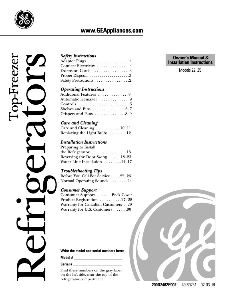 Page 1 de la notice Manuel utilisateur GE GTS22KCPBB