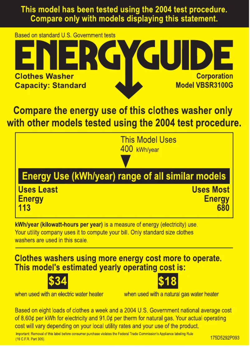 Page 1 de la notice Label énergétique Hotpoint VBSR3100GWW