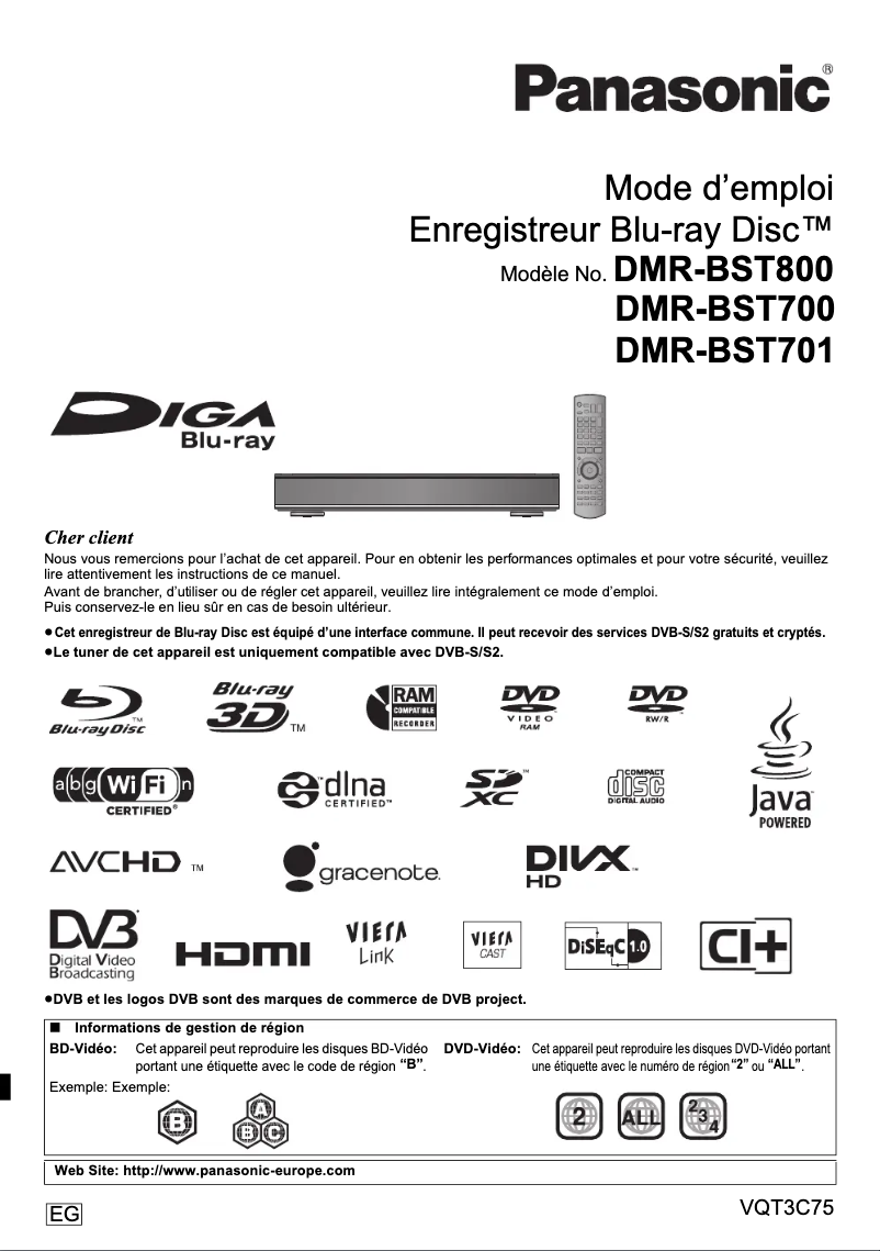 Page 1 de la notice Manuel utilisateur Panasonic DMR-BST700