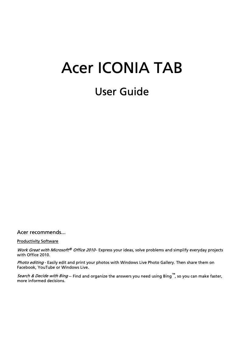 Image de la première page du manuel de l'appareil Iconia W500
