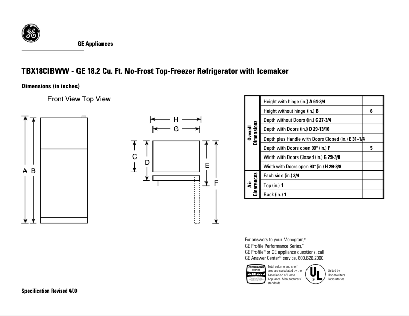 Page n°1 - Fiche technique GE TBX18CIBWW