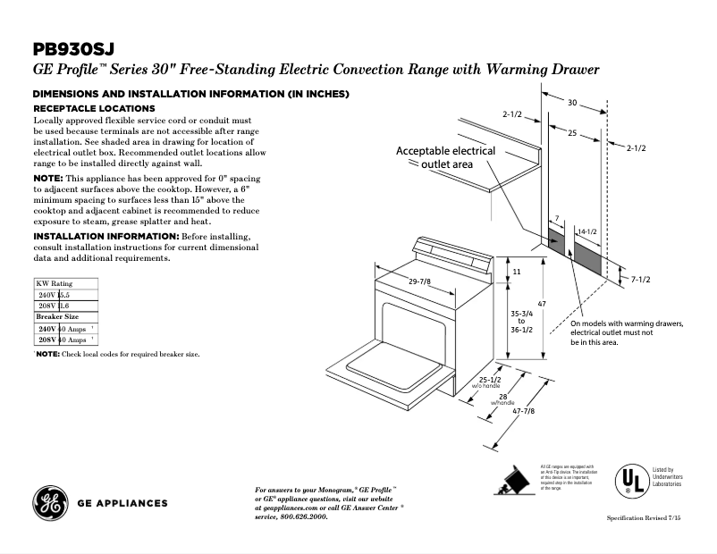 Page n°1 - Fiche technique GE Profile PB930SJSS