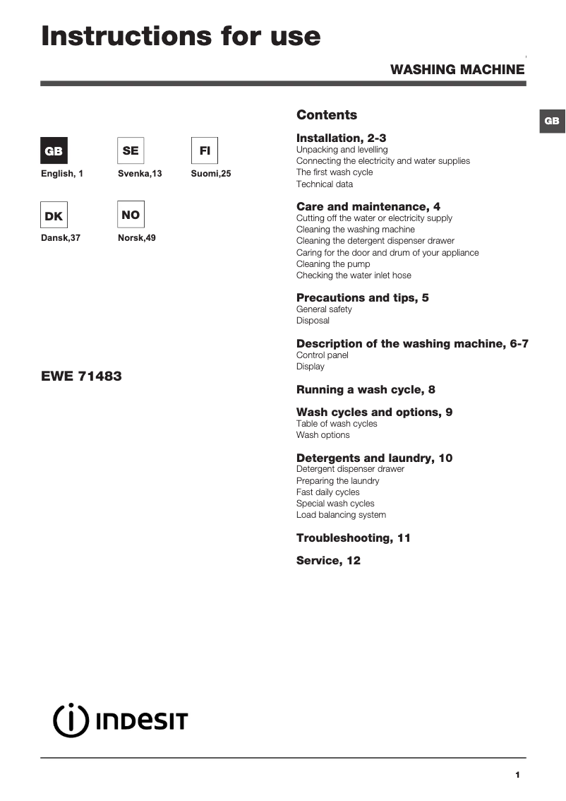 Page 1 de la notice Manuel utilisateur Indesit EWE 71483 W EU