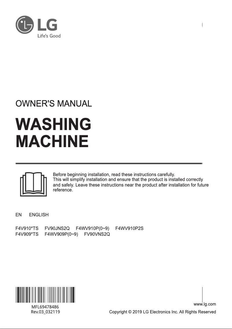 Page 1 de la notice Manuel utilisateur LG F4WV910P2 TurboWash