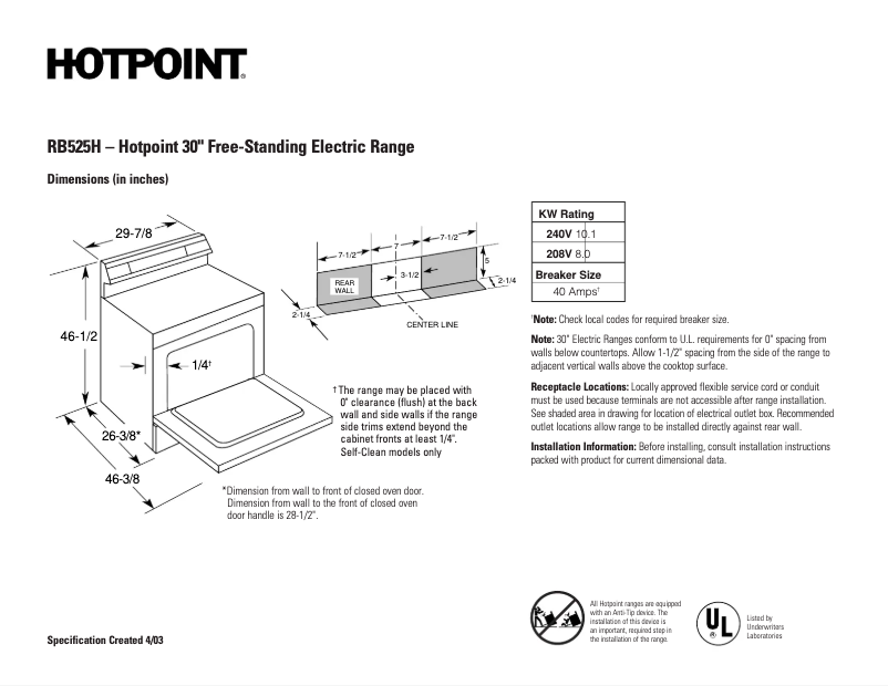 Page n°1 - Fiche technique Hotpoint RB525HAD