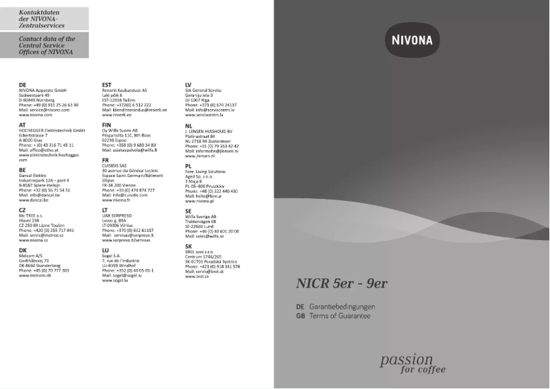 Page n°1 - Informations de garantie Nivona CafeRomatica 820