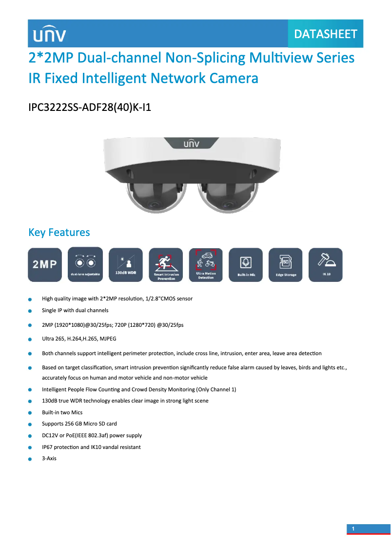 Page 1 de la notice Fiche technique UniView IPC3222SS-ADF28(40)K-I1