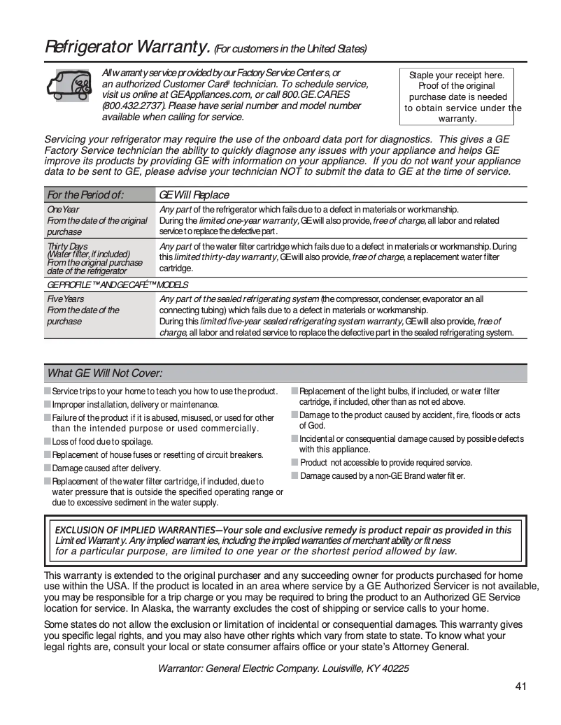 Page 1 de la notice Informations de garantie GE GDE21EGKBB