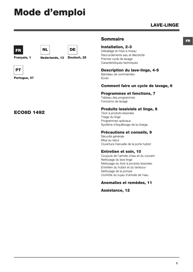 Page n°1 - Manuel utilisateur Hotpoint Ariston ECO8D 1492