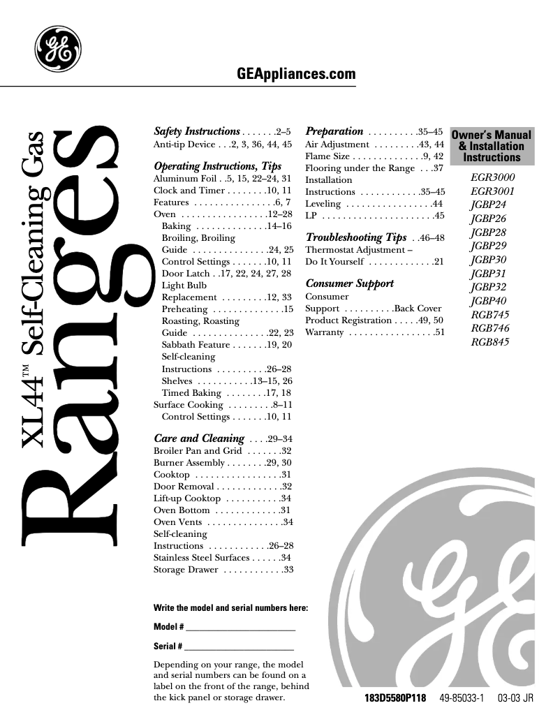 First page image of the manual for JGBP40BECAD