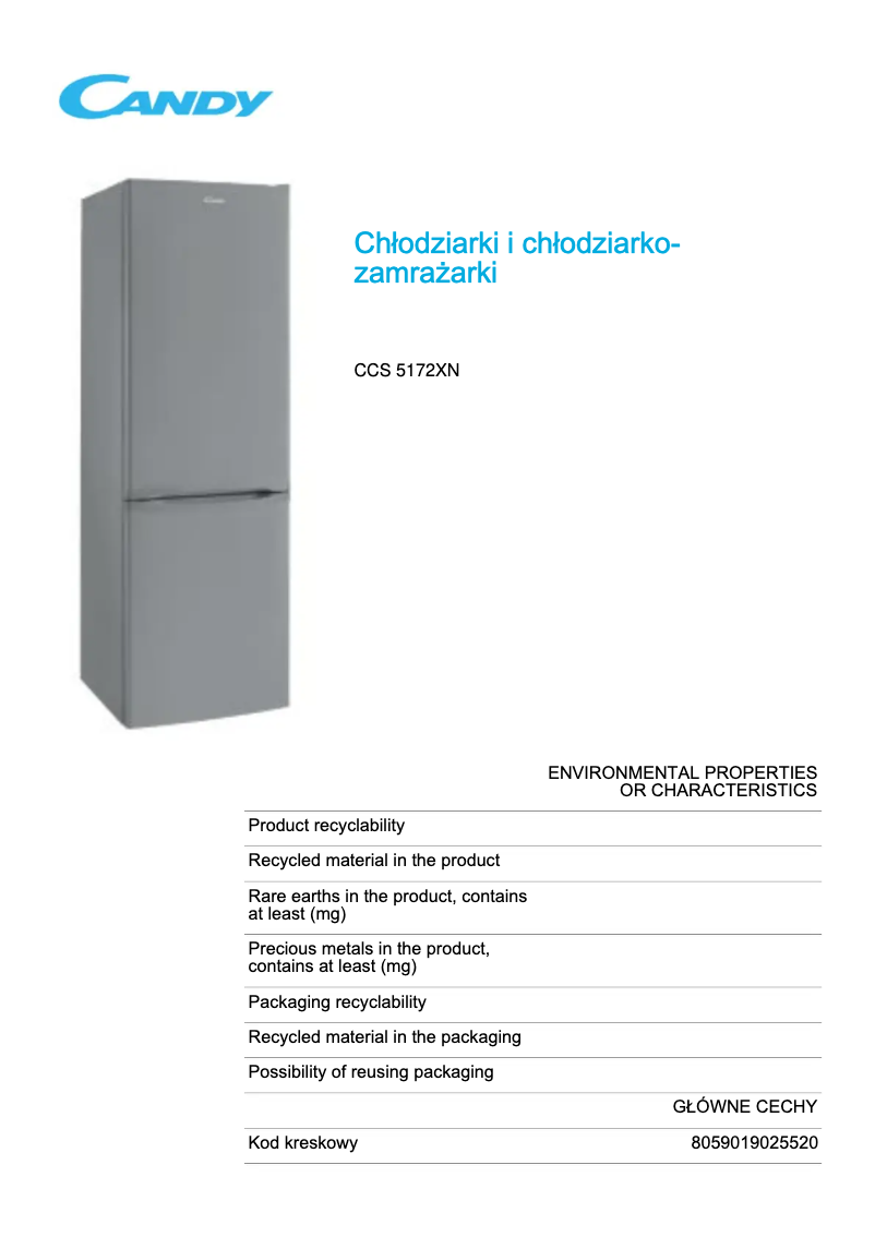 Page 1 de la notice Fiche technique Candy CCS 5172XN