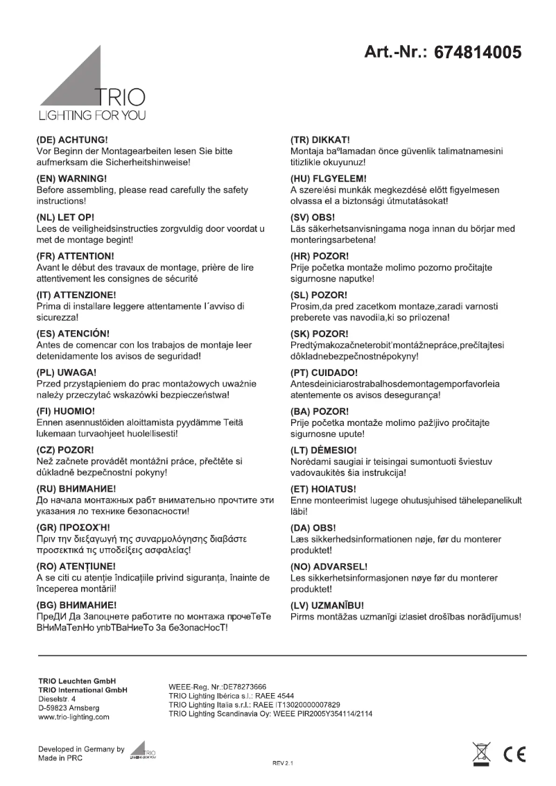 Page 1 de la notice Manuel utilisateur Trio Lighting Trinity 674814005