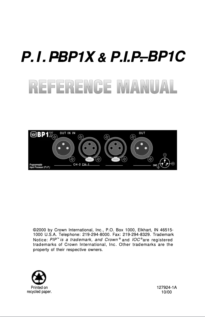 Page n°1 - Manuel utilisateur Crown P.I.P.-BP1