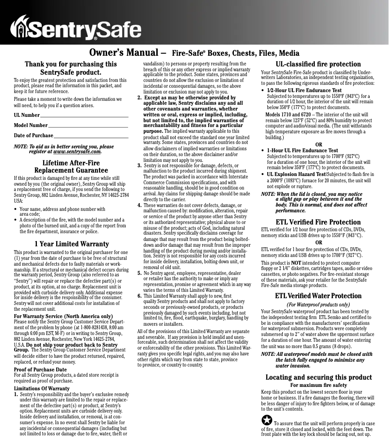 Image de la première page du manuel de l'appareil Fire Chest 1210