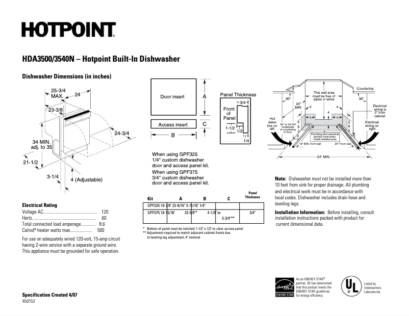 Page 1 de la notice Fiche technique Hotpoint HDA3540NSA