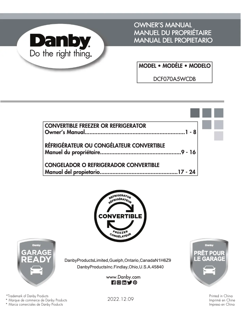Page 1 de la notice Manuel utilisateur Danby DCF070A5WCDB