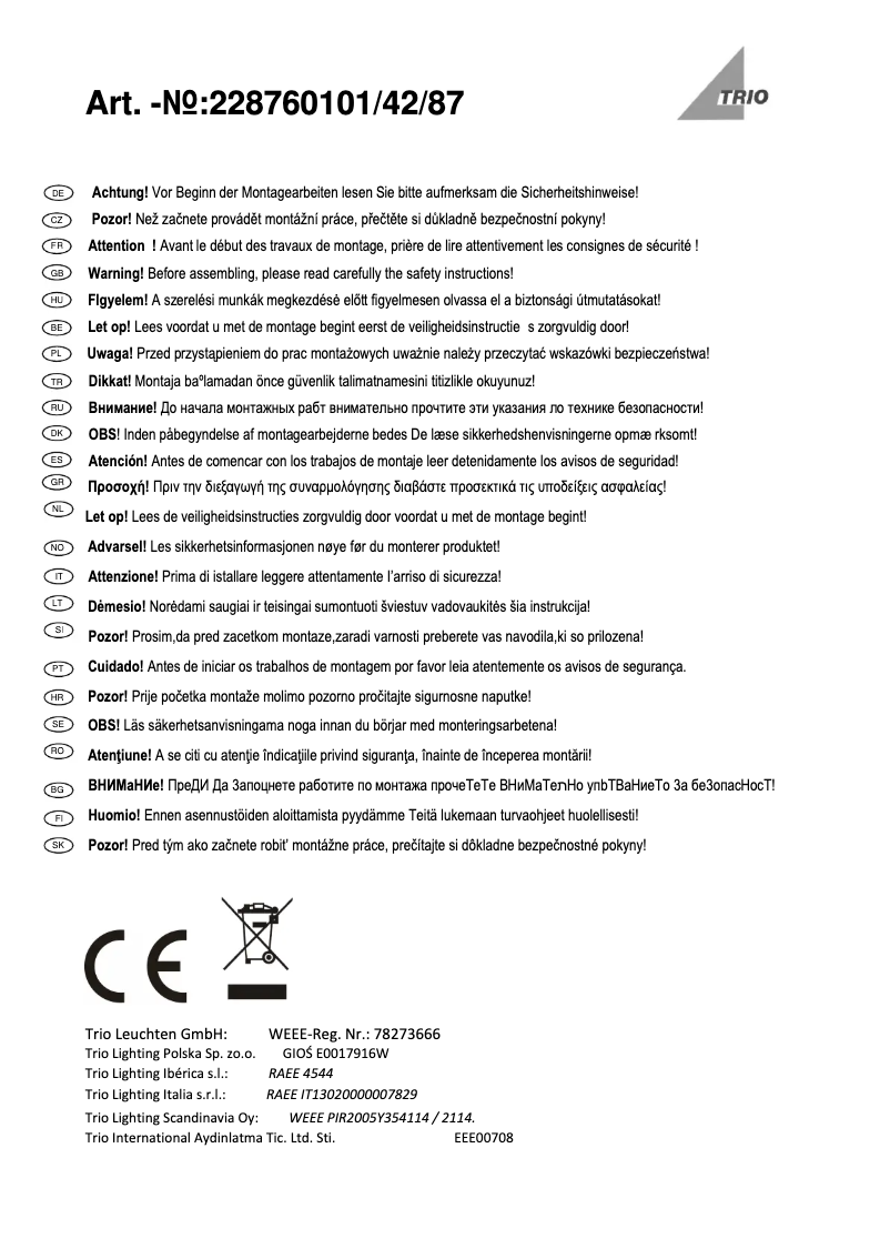 Page 1 de la notice Manuel utilisateur Trio Lighting Trave 228760142