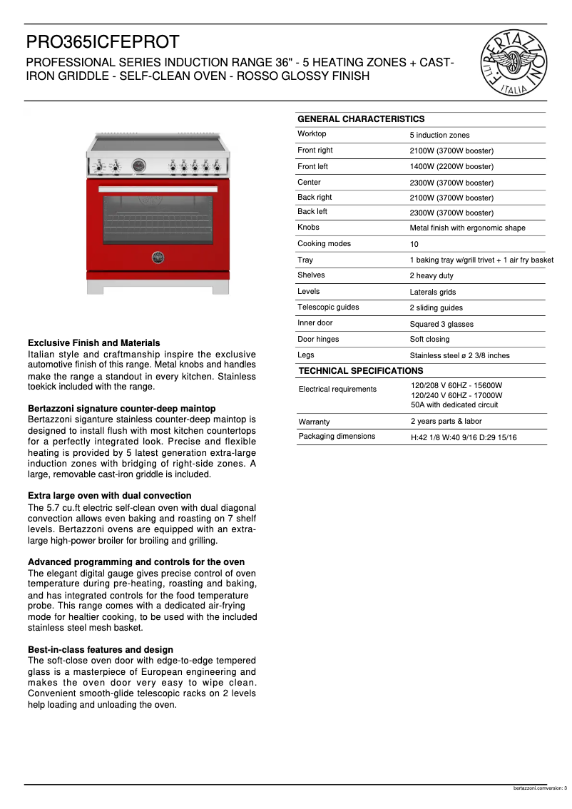 Page 1 de la notice Fiche technique Bertazzoni PRO365ICFEPROT