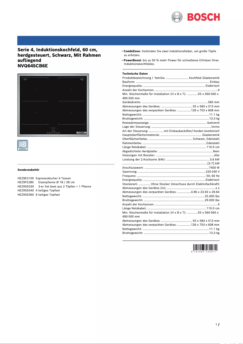 Página 1 del manual Ficha técnica Bosch NVQ645CB6E