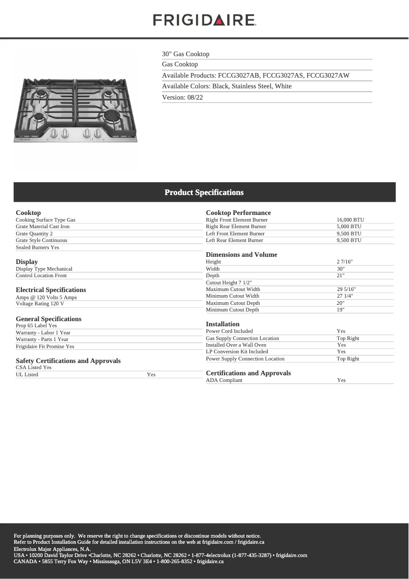 Page n°1 - Fiche technique Frigidaire FCCG3027AB