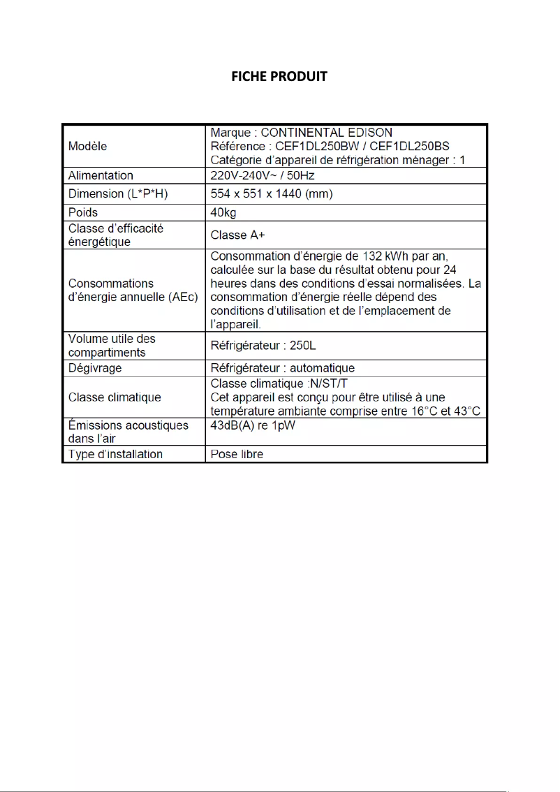Page 1 de la notice Label énergétique Continental Edison CEF1DL250BW