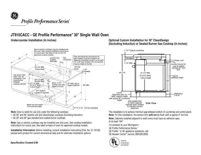 Page n°1 - Fiche technique GE Profile Performance JT910CACC