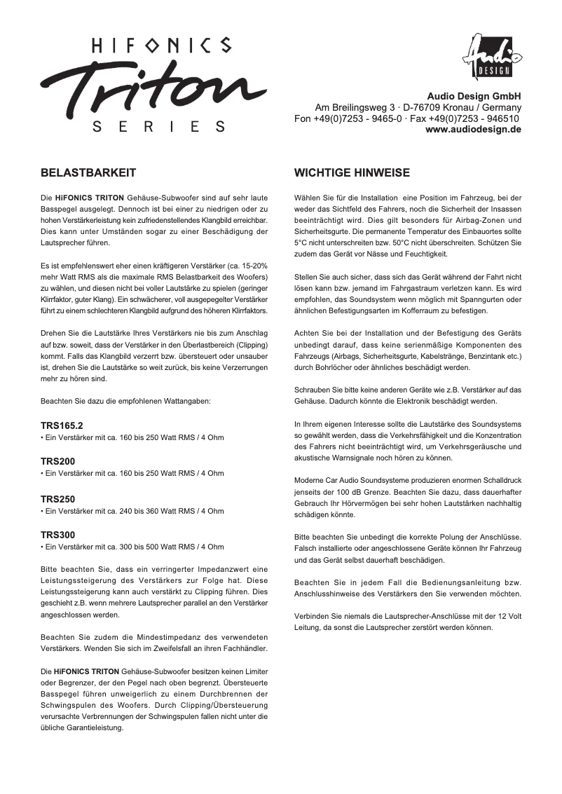 Page 1 de la notice Manuel utilisateur Hifonics Triton TRS250