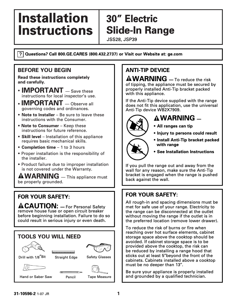 Page 1 de la notice Guide d'installation GE JSS28WKWW