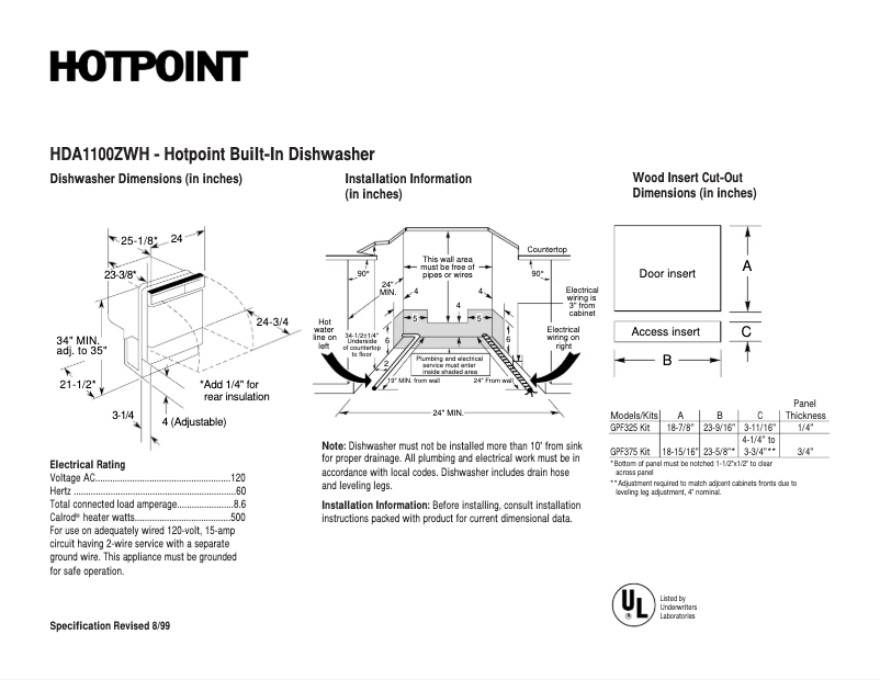 Page 1 de la notice Fiche technique Hotpoint HDA1100ZWH