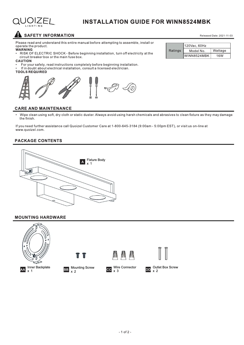 Page 1 de la notice Manuel utilisateur Quoizel Winnett WINN8524MBK
