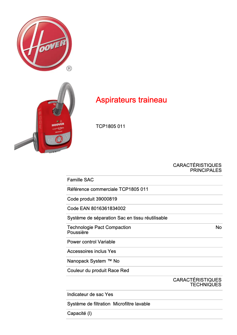 Page n°1 - Fiche technique Hoover TCP1805 011