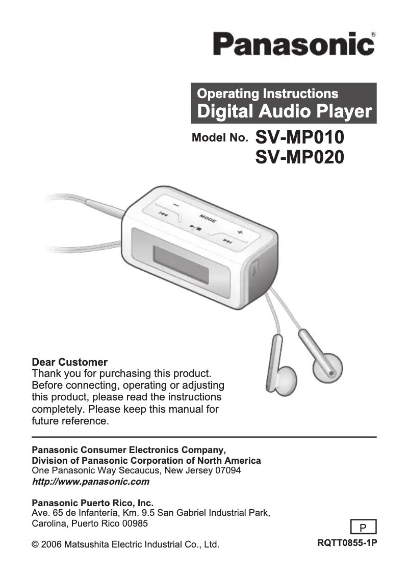 Page n°1 - Manuel utilisateur Panasonic SV-MP020
