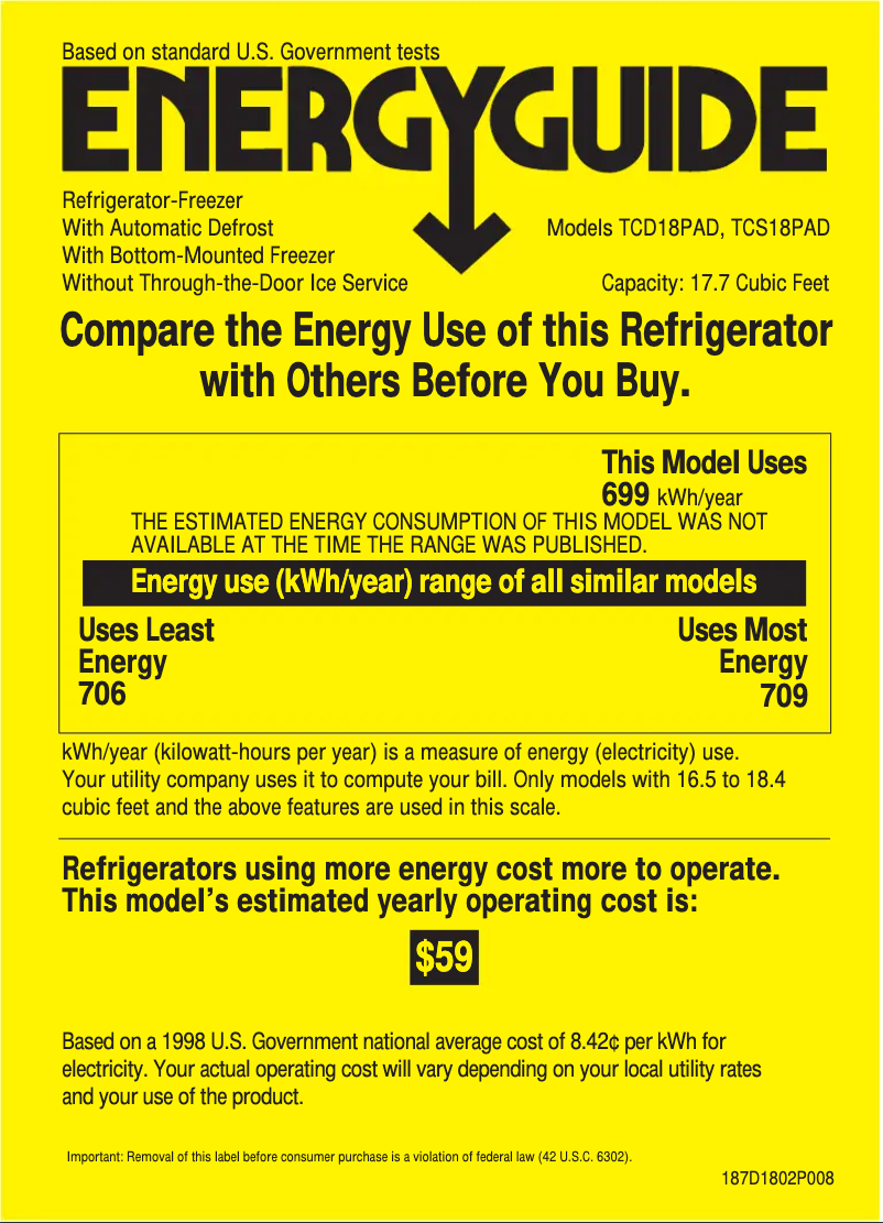 Page 1 de la notice Label énergétique GE Profile TCS18PADLBS