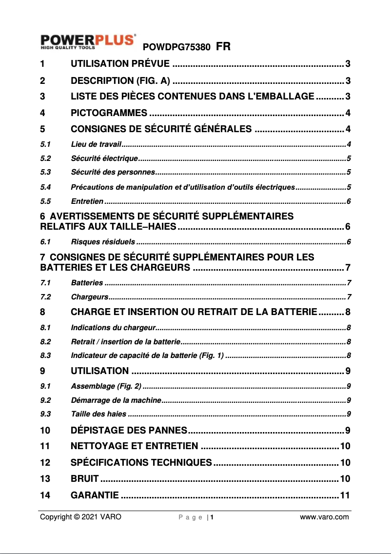 Page n°1 - Manuel utilisateur PowerPlus POWDPG75380
