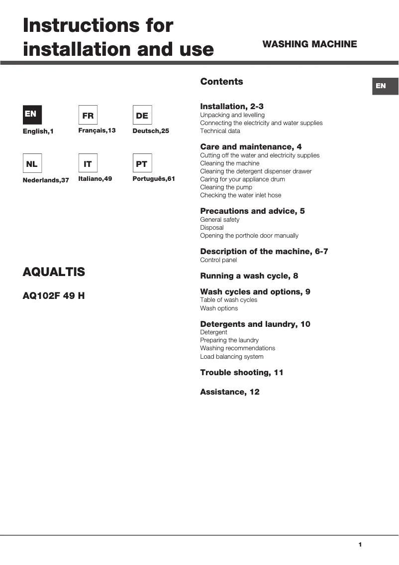 Page 1 de la notice Manuel utilisateur Hotpoint Ariston Aqualtis AQ102F 49H EU