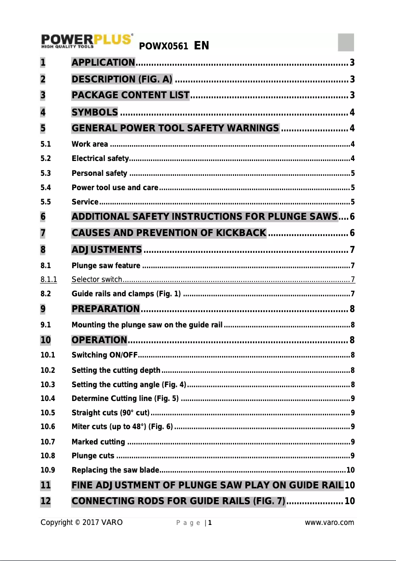 Page 1 de la notice Manuel utilisateur VARO POWX0561