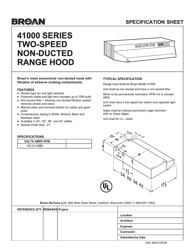Page 1 de la notice Fiche technique Broan 413004