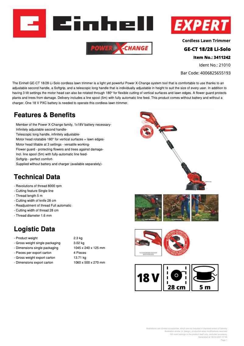 Page n°1 - Fiche technique Einhell GE-CT 18/28 Li