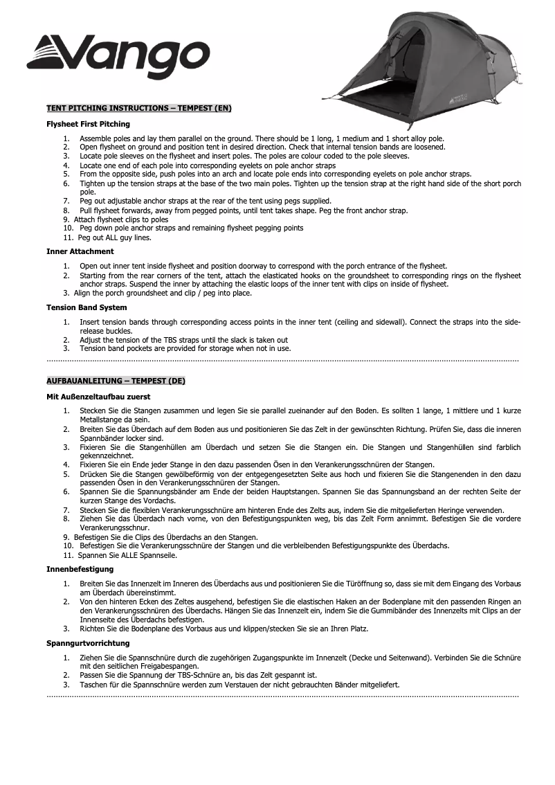 Page 1 de la notice Manuel utilisateur Vango Tempest Pro 300