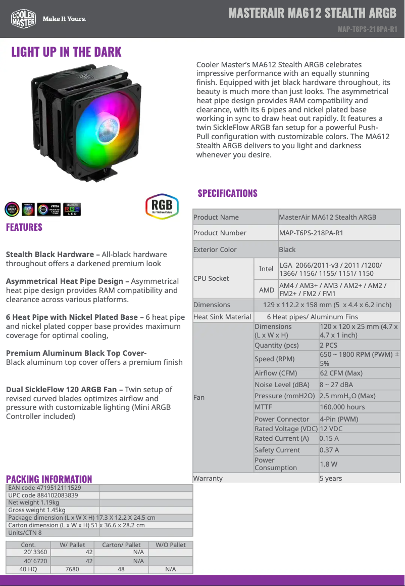 Page n°1 - Fiche technique Cooler Master MasterAir MA612 Stealth