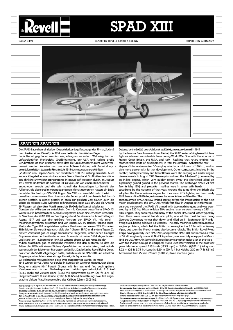 Page 1 de la notice Manuel utilisateur Revell Spad XIII C-1