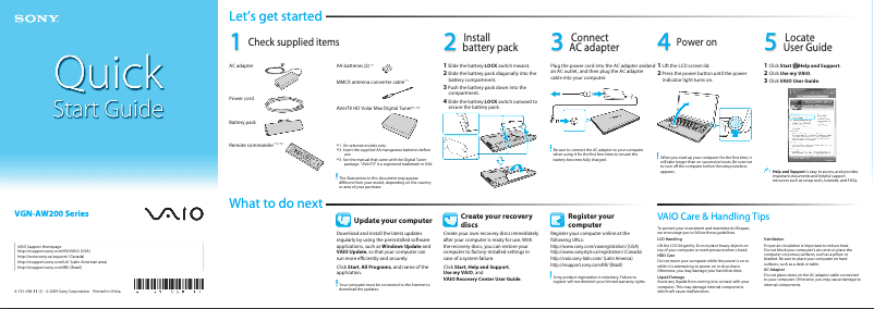 Page 1 de la notice Guide d'installation Sony Vaio VGN-AW235J